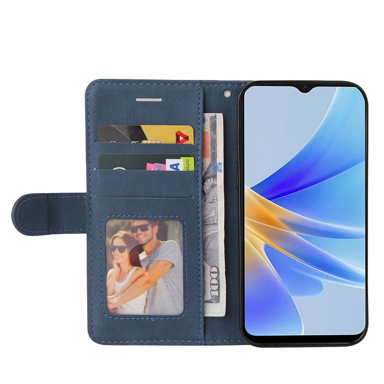 KT Leather Series-1 Phone Case for Oppo A17 4G / A17k 4G , Dual-color Splicing PU Leather Stand Wallet Cover - Blue