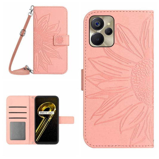 For Realme 9i 5G / 10 5G / Oppo A76 / A36 HT04 PU Leather Stand Case Sunflower Imprinted Wallet Feature Skin-touch Magnetic Clasp Phone Cover with Shoulder Strap - Light Pink