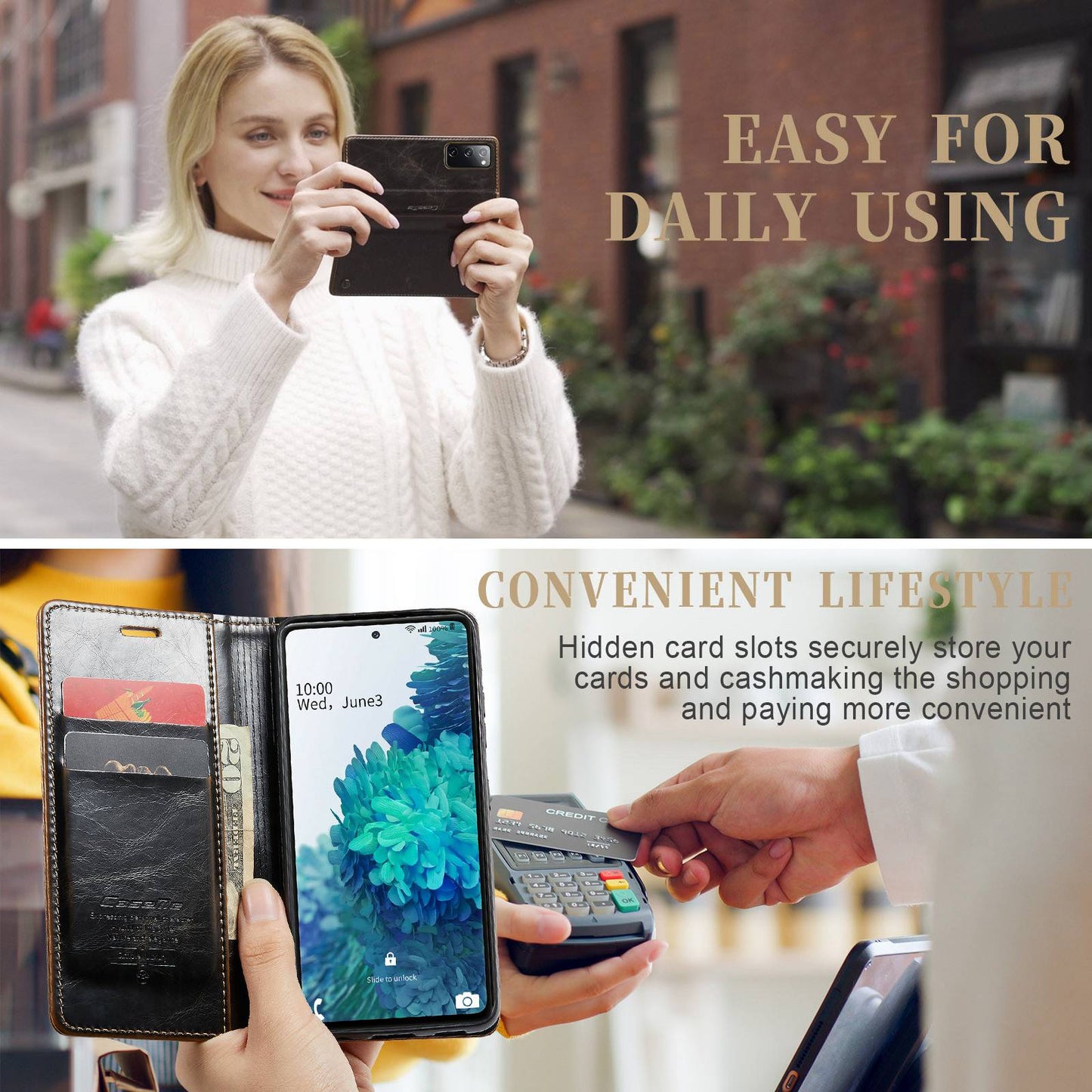 CASEME 003 Series For Samsung Galaxy S20 FE / S20 FE 5G / S20 FE 2022 / S20 Lite Shock Absorbing PU Leather Phone Case Waxy Texture Wallet Stand Cover - Coffee