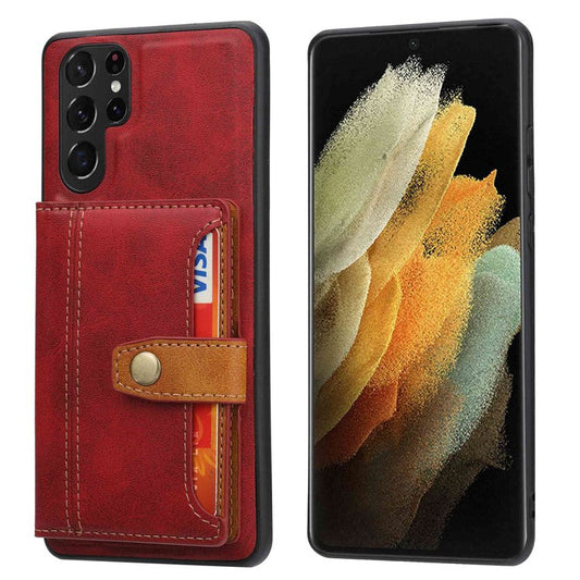 For Samsung Galaxy S23 Ultra Shockproof Calf Texture Phone Case Card Slots Kickstand PU Leather Coated TPU Protective Back Cover - Red