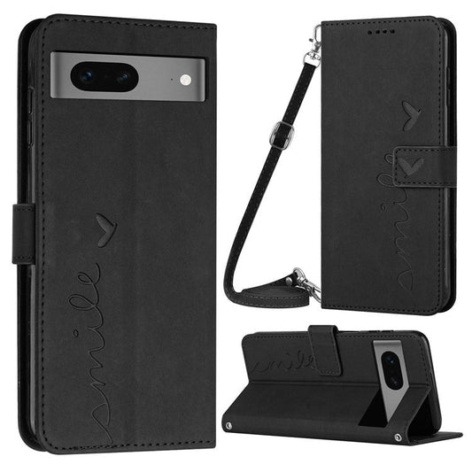 Skin-touch Feeling Case for Google Pixel 7 5G, Bump Proof Heart Shape Imprinted Wallet Stand PU Leather Phone Cover with Shoulder Strap - Black