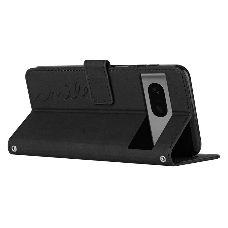 Skin-touch Feeling Case for Google Pixel 7 5G, Bump Proof Heart Shape Imprinted Wallet Stand PU Leather Phone Cover with Shoulder Strap - Black