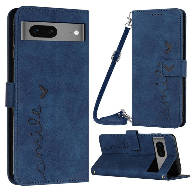 Skin-touch Feeling Case for Google Pixel 7 5G, Bump Proof Heart Shape Imprinted Wallet Stand PU Leather Phone Cover with Shoulder Strap - Sapphire