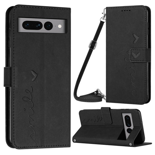 Skin-touch Feeling Case for Google Pixel 7 Pro 5G, Drop Resistant Heart Shape Imprinted Wallet Stand PU Leather Phone Cover with Shoulder Strap - Black
