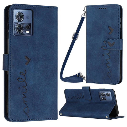 Skin-touch Feeling Case for Motorola Moto S30 Pro 5G / Edge 30 Fusion 5G, Magnetic Clasp Heart Shape Imprinted Wallet Stand PU Leather Phone Cover with Shoulder Strap - Sapphire