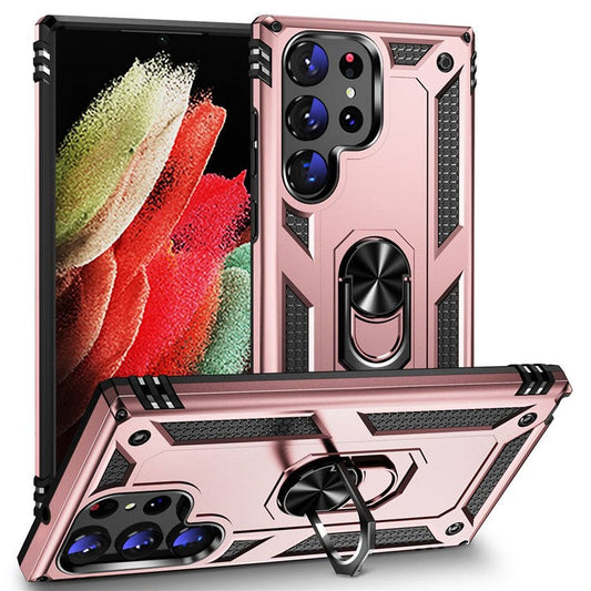 For Samsung Galaxy S23 Ultra Military Grade Case Ring Kickstand Design PC + TPU Hybrid Shell Back Cover - Rose Gold