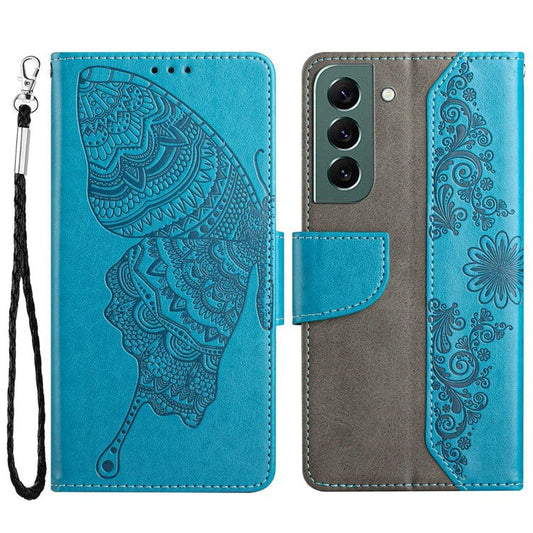 PU Leather Phone Case for Samsung Galaxy S23+, Fully Wrapped Butterfly Flower Imprinted Wallet Cover with Stand - Blue