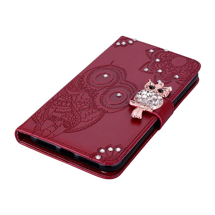 For Samsung Galaxy A14 5G / A14 4G Rhinestone Decor Scratch Resistant Phone Cover, Imprinting Owl Flower Pattern Stand Wallet Leather Case - Red