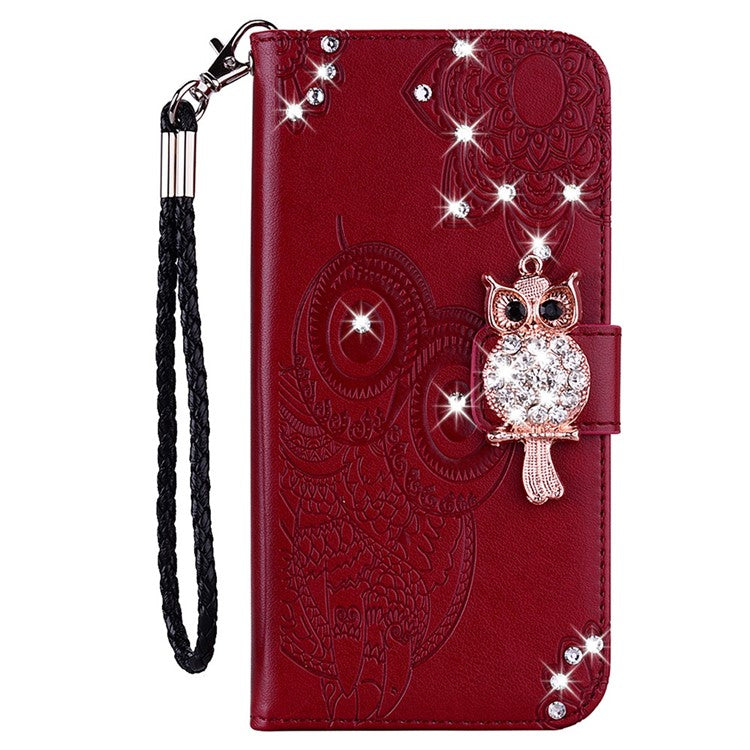For Samsung Galaxy A14 5G / A14 4G Rhinestone Decor Scratch Resistant Phone Cover, Imprinting Owl Flower Pattern Stand Wallet Leather Case - Red