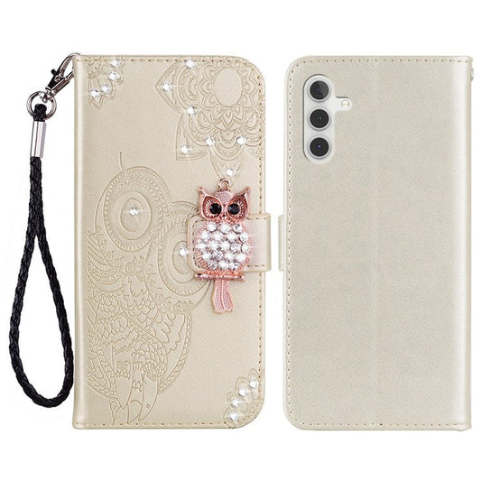 For Samsung Galaxy A14 5G / A14 4G Rhinestone Decor Scratch Resistant Phone Cover, Imprinting Owl Flower Pattern Stand Wallet Leather Case - Gold
