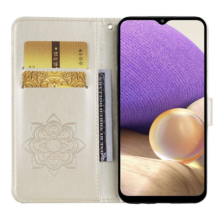 For Samsung Galaxy A14 5G / A14 4G Rhinestone Decor Scratch Resistant Phone Cover, Imprinting Owl Flower Pattern Stand Wallet Leather Case - Gold