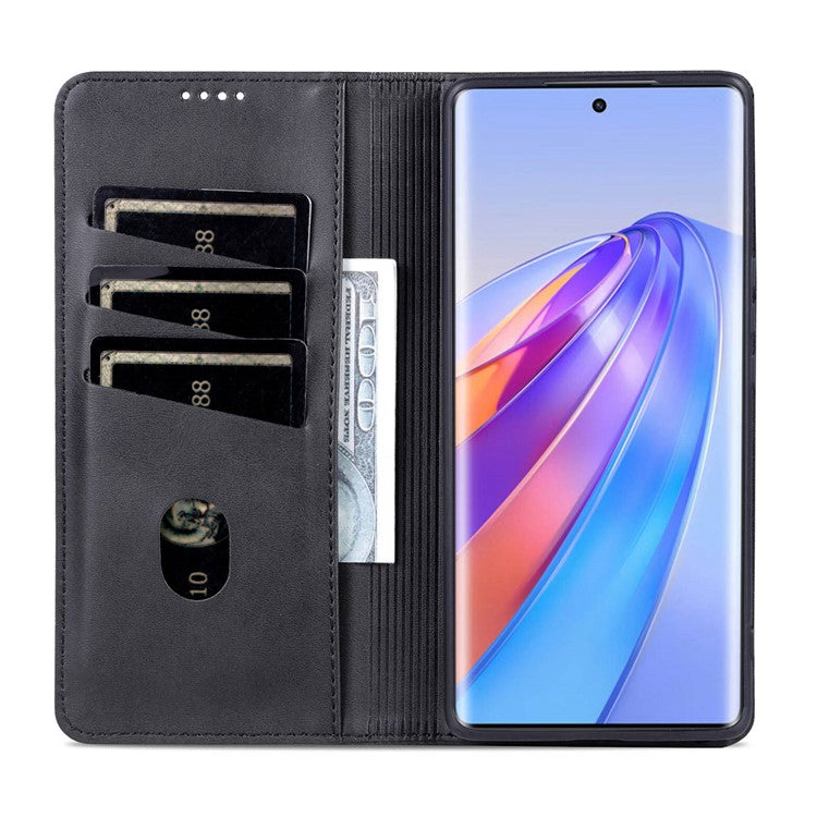AZNS For Honor X40 5G Cowhide Texture Stand Phone Case PU Leather Magnetic Auto-absorbed Folio Flip Wallet Cover - Black