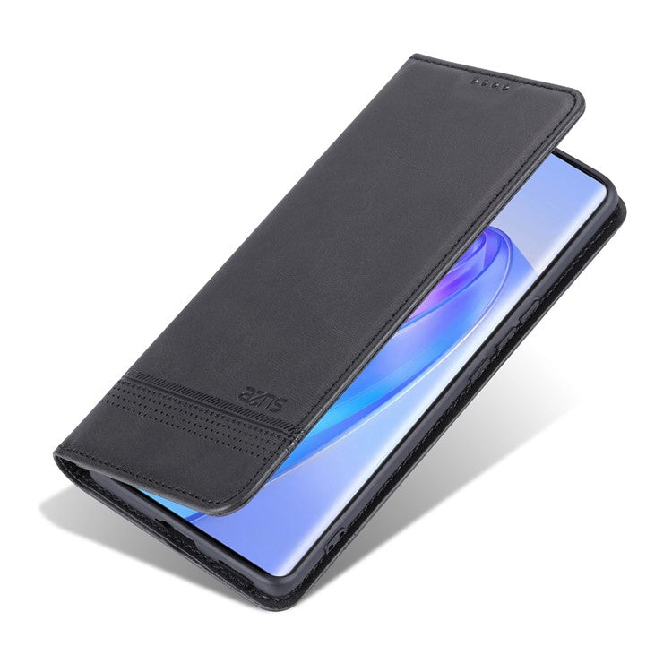 AZNS For Honor X40 5G Cowhide Texture Stand Phone Case PU Leather Magnetic Auto-absorbed Folio Flip Wallet Cover - Black