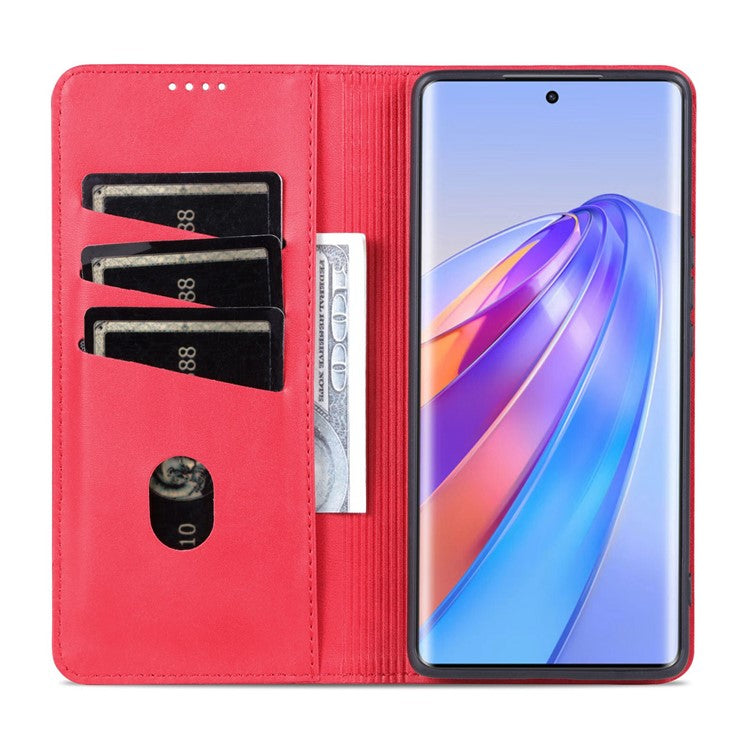 AZNS For Honor X40 5G Cowhide Texture Stand Phone Case PU Leather Magnetic Auto-absorbed Folio Flip Wallet Cover - Red