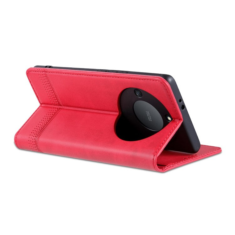 AZNS For Honor X40 5G Cowhide Texture Stand Phone Case PU Leather Magnetic Auto-absorbed Folio Flip Wallet Cover - Red