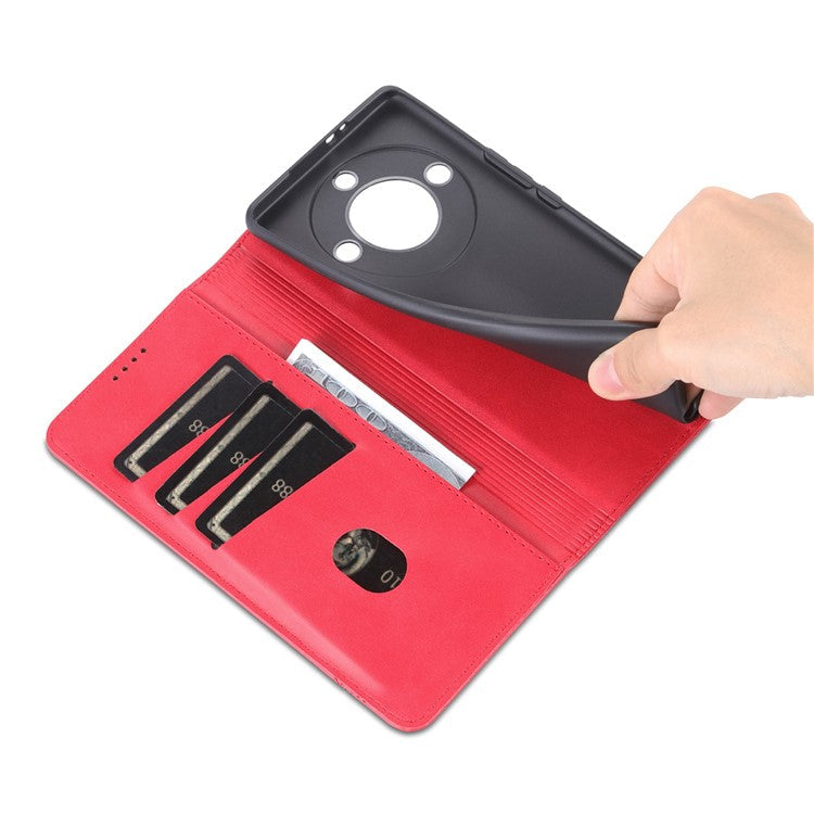 AZNS For Honor X40 5G Cowhide Texture Stand Phone Case PU Leather Magnetic Auto-absorbed Folio Flip Wallet Cover - Red