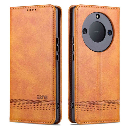 AZNS For Honor X40 5G Cowhide Texture Stand Phone Case PU Leather Magnetic Auto-absorbed Folio Flip Wallet Cover - Brown