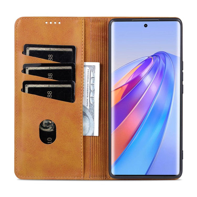 AZNS For Honor X40 5G Cowhide Texture Stand Phone Case PU Leather Magnetic Auto-absorbed Folio Flip Wallet Cover - Brown