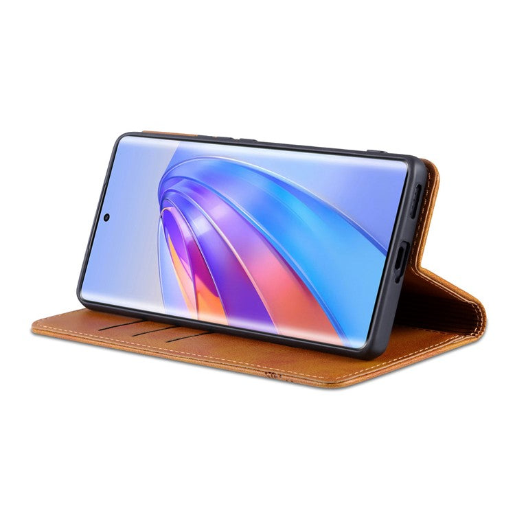 AZNS For Honor X40 5G Cowhide Texture Stand Phone Case PU Leather Magnetic Auto-absorbed Folio Flip Wallet Cover - Brown