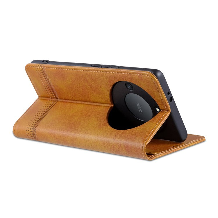 AZNS For Honor X40 5G Cowhide Texture Stand Phone Case PU Leather Magnetic Auto-absorbed Folio Flip Wallet Cover - Brown