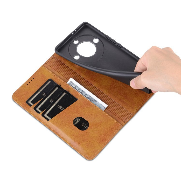 AZNS For Honor X40 5G Cowhide Texture Stand Phone Case PU Leather Magnetic Auto-absorbed Folio Flip Wallet Cover - Brown