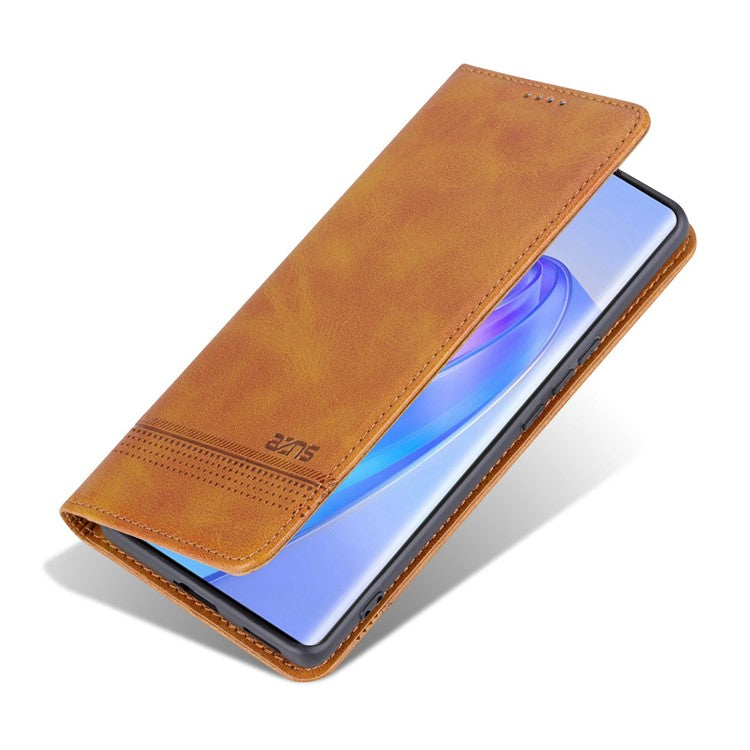 AZNS For Honor X40 5G Cowhide Texture Stand Phone Case PU Leather Magnetic Auto-absorbed Folio Flip Wallet Cover - Brown