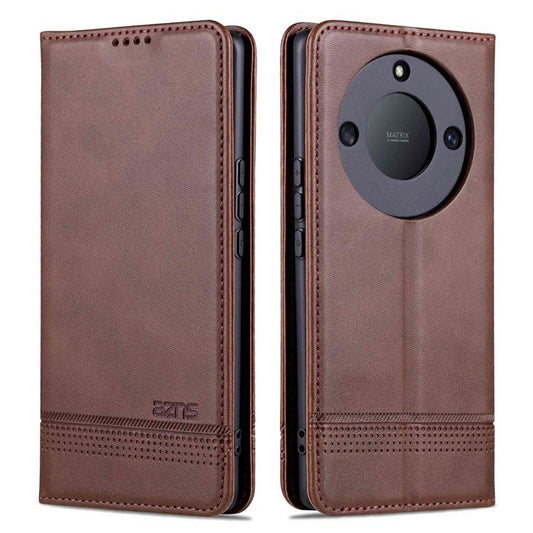 AZNS For Honor X40 5G Cowhide Texture Stand Phone Case PU Leather Magnetic Auto-absorbed Folio Flip Wallet Cover - Coffee