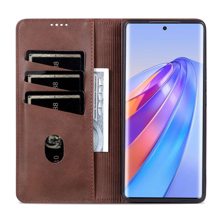 AZNS For Honor X40 5G Cowhide Texture Stand Phone Case PU Leather Magnetic Auto-absorbed Folio Flip Wallet Cover - Coffee