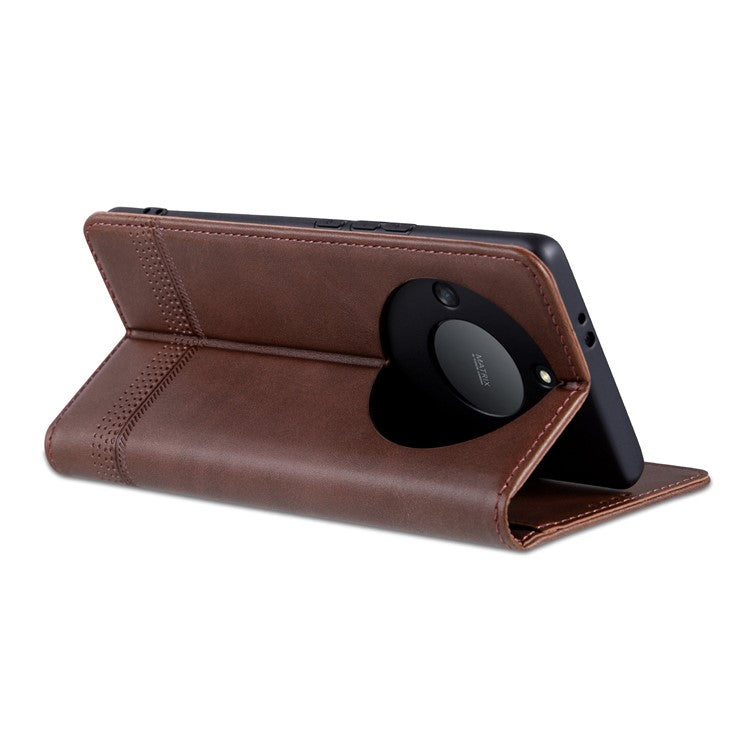 AZNS For Honor X40 5G Cowhide Texture Stand Phone Case PU Leather Magnetic Auto-absorbed Folio Flip Wallet Cover - Coffee