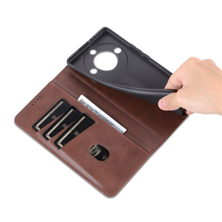AZNS For Honor X40 5G Cowhide Texture Stand Phone Case PU Leather Magnetic Auto-absorbed Folio Flip Wallet Cover - Coffee