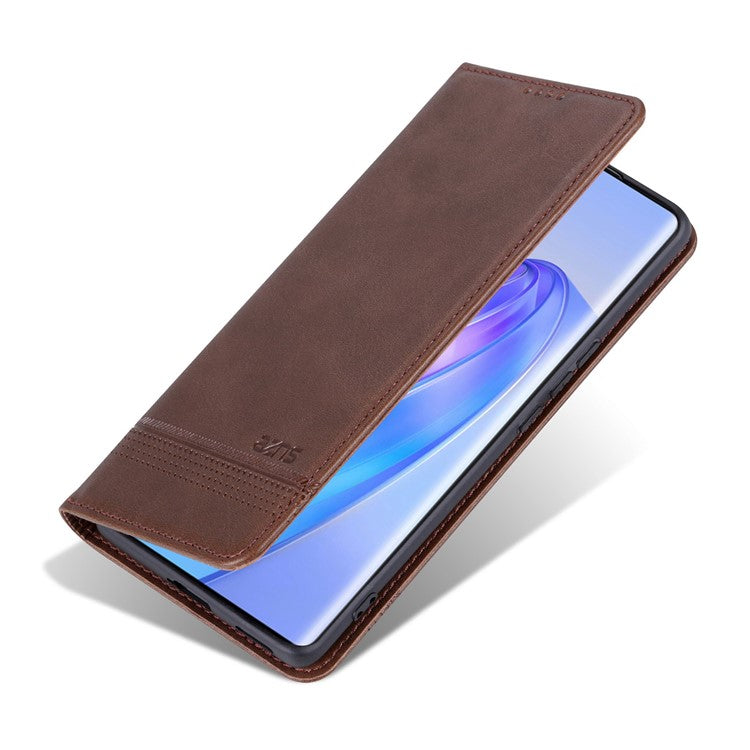 AZNS For Honor X40 5G Cowhide Texture Stand Phone Case PU Leather Magnetic Auto-absorbed Folio Flip Wallet Cover - Coffee