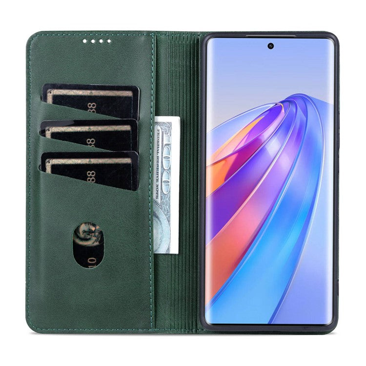 AZNS For Honor X40 5G Cowhide Texture Stand Phone Case PU Leather Magnetic Auto-absorbed Folio Flip Wallet Cover - Green