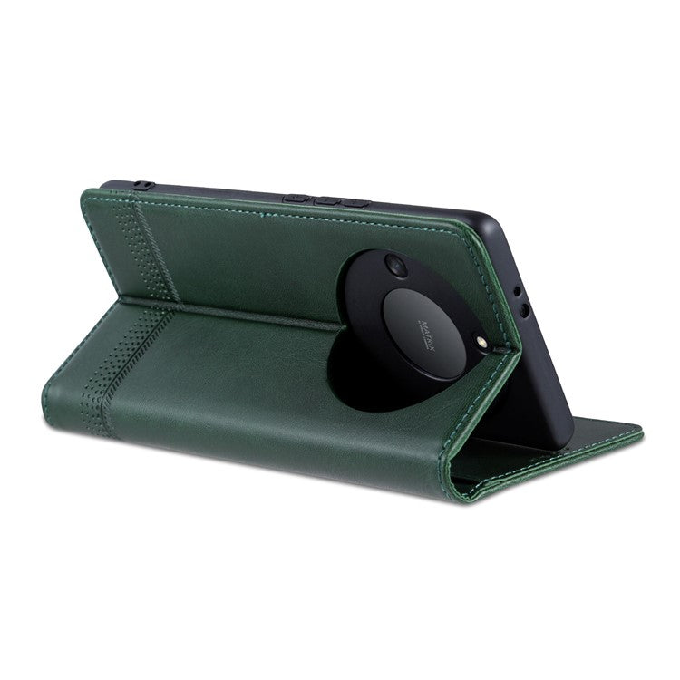 AZNS For Honor X40 5G Cowhide Texture Stand Phone Case PU Leather Magnetic Auto-absorbed Folio Flip Wallet Cover - Green