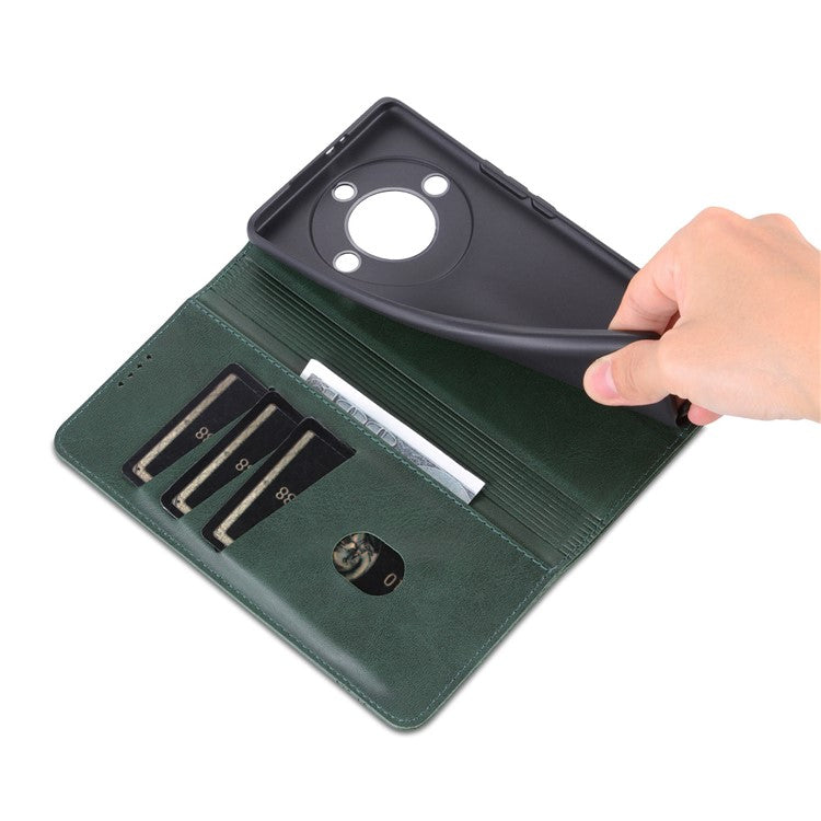 AZNS For Honor X40 5G Cowhide Texture Stand Phone Case PU Leather Magnetic Auto-absorbed Folio Flip Wallet Cover - Green