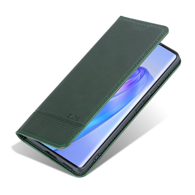 AZNS For Honor X40 5G Cowhide Texture Stand Phone Case PU Leather Magnetic Auto-absorbed Folio Flip Wallet Cover - Green