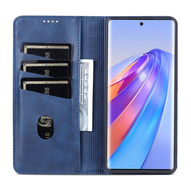 AZNS For Honor X40 5G Cowhide Texture Stand Phone Case PU Leather Magnetic Auto-absorbed Folio Flip Wallet Cover - Blue