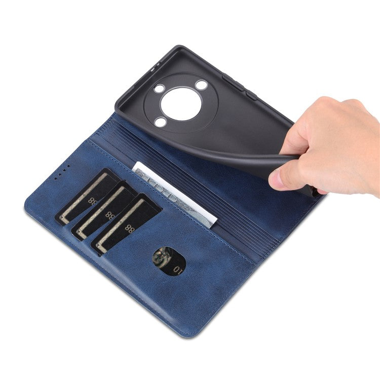 AZNS For Honor X40 5G Cowhide Texture Stand Phone Case PU Leather Magnetic Auto-absorbed Folio Flip Wallet Cover - Blue
