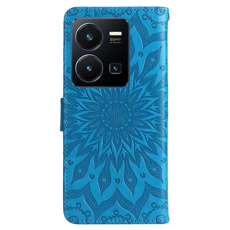 KT Imprinting Flower Series-1 for vivo Y35 4G (2022) / Y22s 4G / Y22 4G PU Leather Wallet Phone Case Imprinted Sunflower Stand Magnetic Shockproof Protective Flip Cover with Strap - Blue