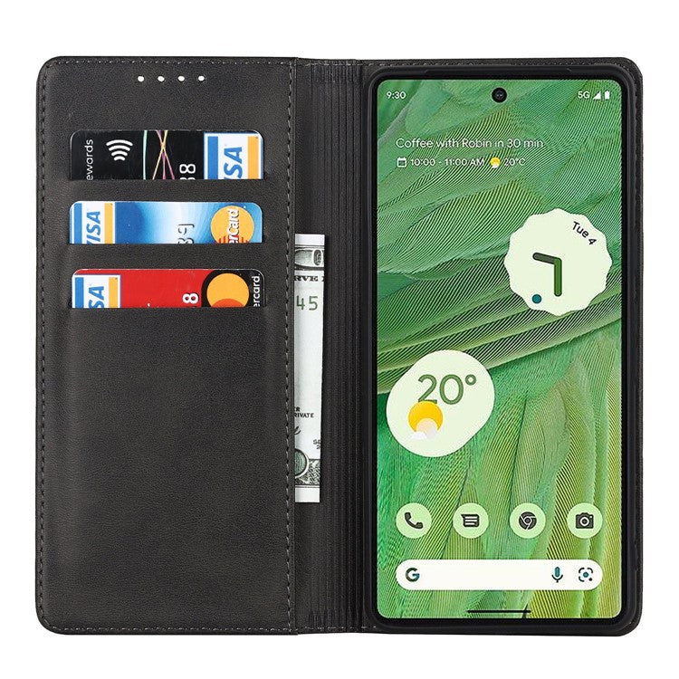For Google Pixel 7 5G Phone Case Calf Texture Wallet Case Stand Magnetic Absorption All-Inclusive Shockproof Phone Cover - Black