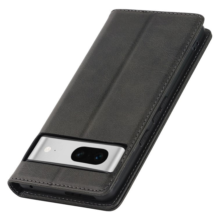 For Google Pixel 7 5G Phone Case Calf Texture Wallet Case Stand Magnetic Absorption All-Inclusive Shockproof Phone Cover - Black