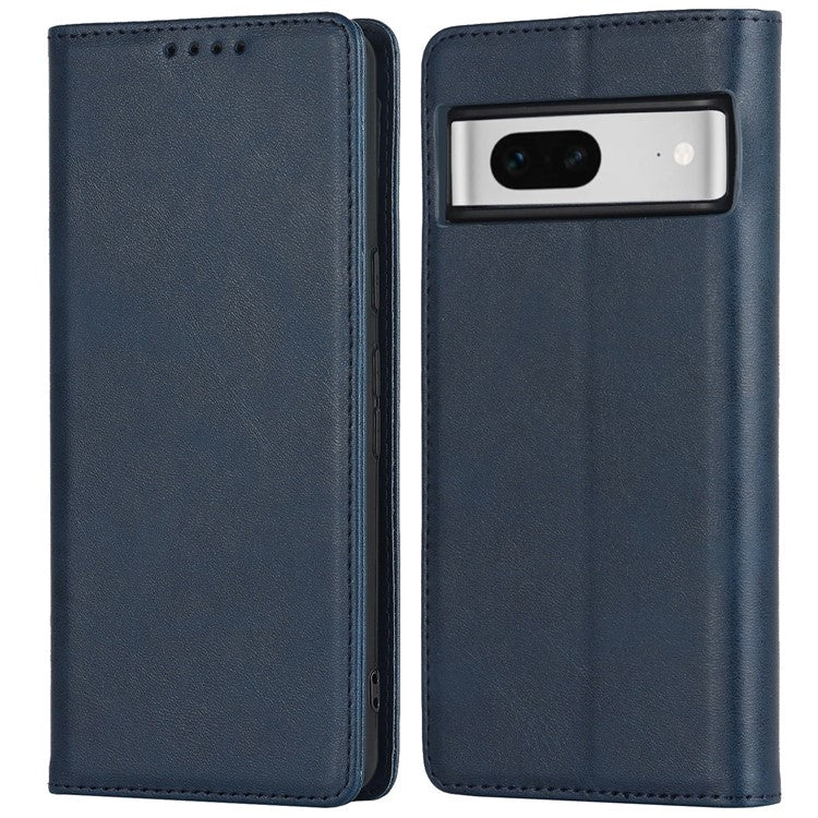 For Google Pixel 7 5G Phone Case Calf Texture Wallet Case Stand Magnetic Absorption All-Inclusive Shockproof Phone Cover - Dark Blue