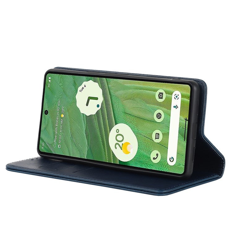 For Google Pixel 7 5G Phone Case Calf Texture Wallet Case Stand Magnetic Absorption All-Inclusive Shockproof Phone Cover - Dark Blue