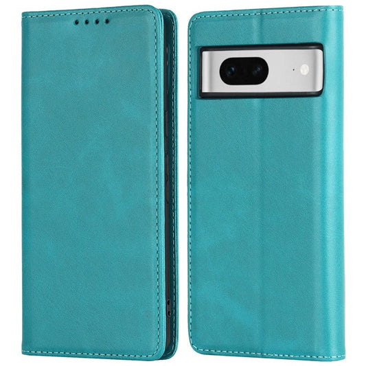 For Google Pixel 7 5G Phone Case Calf Texture Wallet Case Stand Magnetic Absorption All-Inclusive Shockproof Phone Cover - Sky Blue