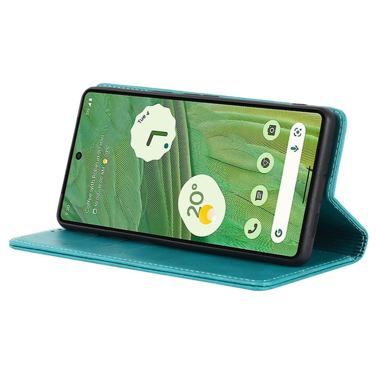 For Google Pixel 7 5G Phone Case Calf Texture Wallet Case Stand Magnetic Absorption All-Inclusive Shockproof Phone Cover - Sky Blue