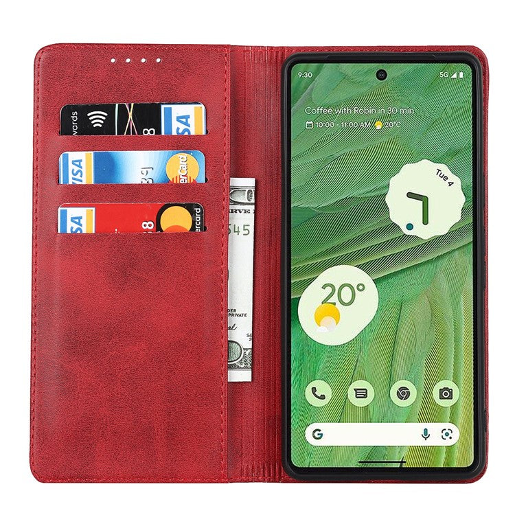 For Google Pixel 7 5G Phone Case Calf Texture Wallet Case Stand Magnetic Absorption All-Inclusive Shockproof Phone Cover - Red