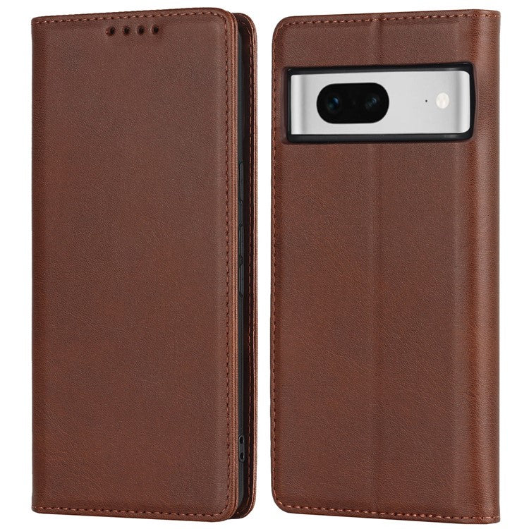 For Google Pixel 7 5G Phone Case Calf Texture Wallet Case Stand Magnetic Absorption All-Inclusive Shockproof Phone Cover - Dark Brown