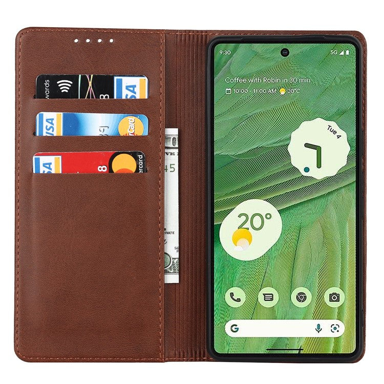 For Google Pixel 7 5G Phone Case Calf Texture Wallet Case Stand Magnetic Absorption All-Inclusive Shockproof Phone Cover - Dark Brown