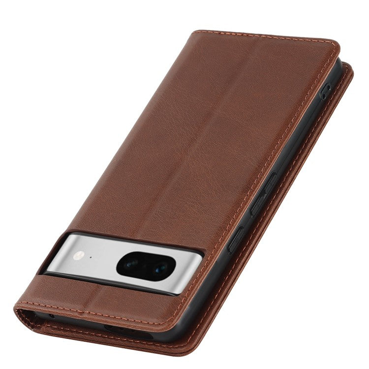 For Google Pixel 7 5G Phone Case Calf Texture Wallet Case Stand Magnetic Absorption All-Inclusive Shockproof Phone Cover - Dark Brown