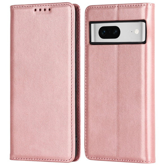 For Google Pixel 7 5G Phone Case Calf Texture Wallet Case Stand Magnetic Absorption All-Inclusive Shockproof Phone Cover - Rose Gold