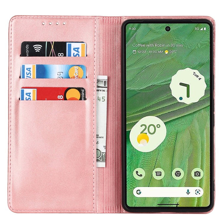 For Google Pixel 7 5G Phone Case Calf Texture Wallet Case Stand Magnetic Absorption All-Inclusive Shockproof Phone Cover - Rose Gold
